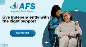 Disability support worker assisting elderly woman in wheelchair promoting independent living services by Australian Family Support.