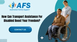 Promotional banner highlighting transport assistance for disabled individuals, featuring a caregiver supporting a wheelchair user to promote safe and independent travel.