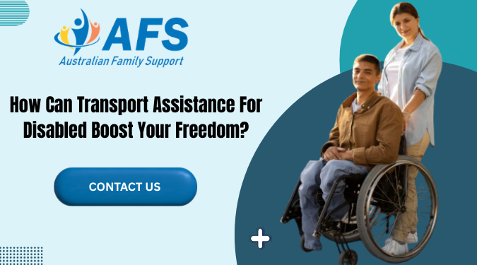 Promotional banner highlighting transport assistance for disabled individuals, featuring a caregiver supporting a wheelchair user to promote safe and independent travel.