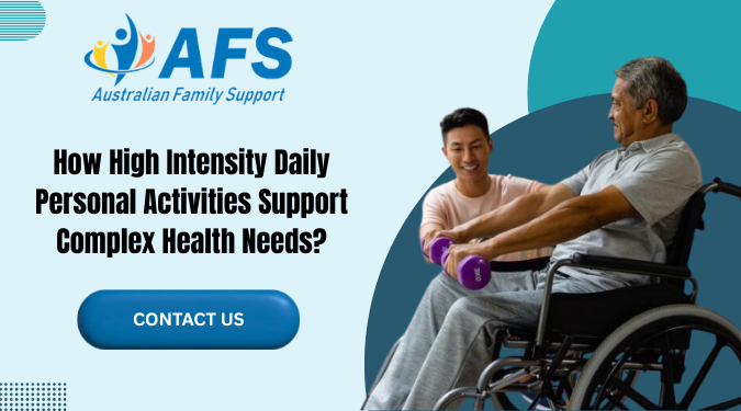 High intensity daily personal activities support with a caregiver assisting an older wheelchair user using light exercise equipment to promote independence and improve complex health outcomes.