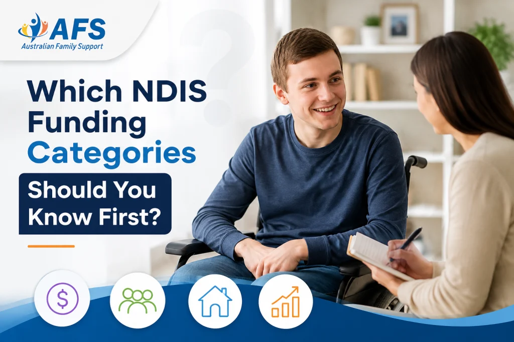 AFS Australian Family Support graphic explaining NDIS funding categories, featuring a person using a wheelchair in a consultation and icons representing different funding areas.